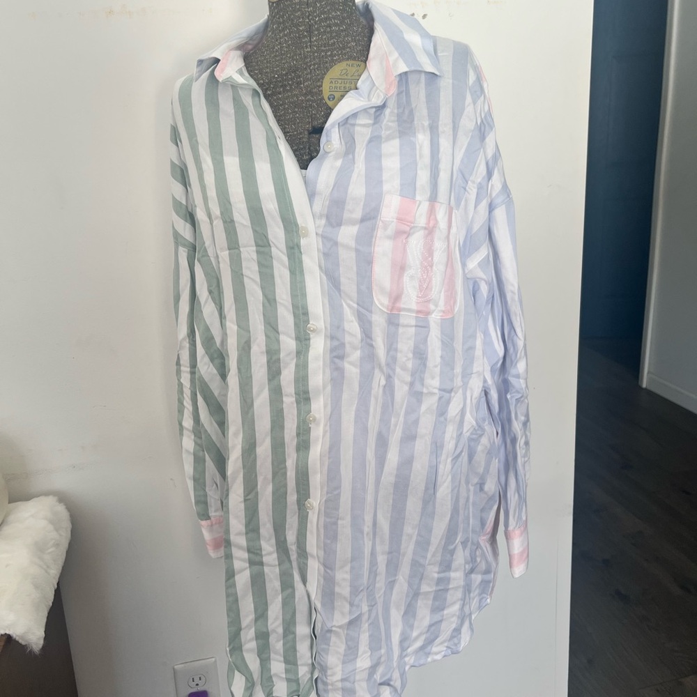 Victoria's Secret Pink Green and Blue Striped Sleep Shirt